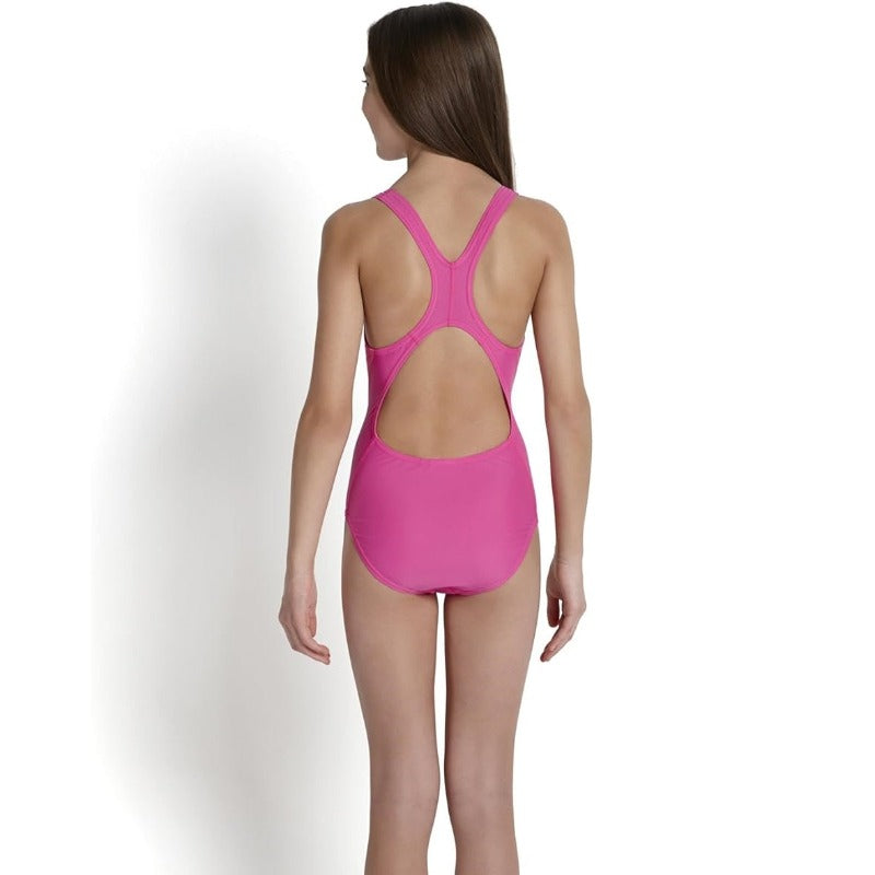 Speedo Logo Speedback Girls Swimming Costume Pink/Green - 28inch/10Y 2