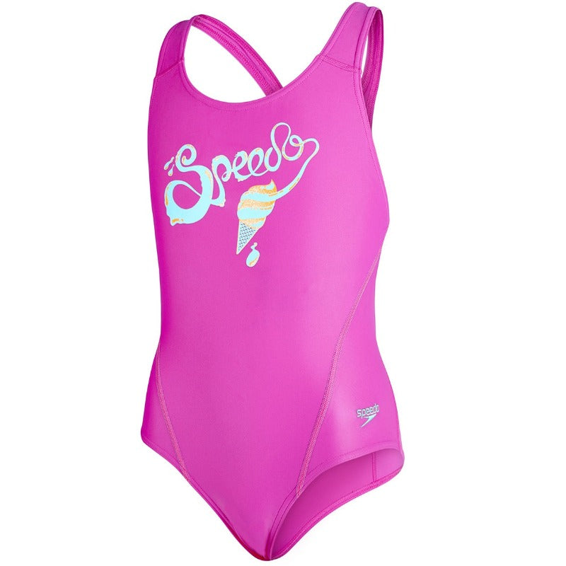 Speedo Logo Speedback Girls Swimming Costume Pink/Green - 28inch/10Y 3