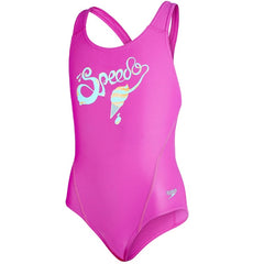 Speedo Logo Speedback Girls Swimming Costume Pink/Green - 28inch/10Y 3